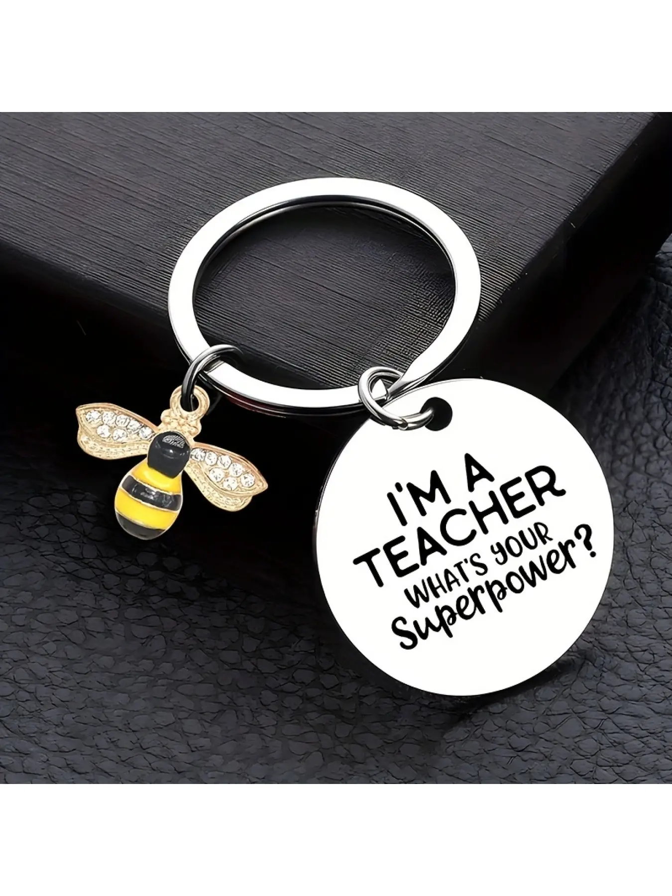 [Teacher Keychain Gift] Stylish Stainless Steel "I'm a Teacher, What's Your Superpower?" Keychain with Bee Charm - Ideal for Teacher Appreciation, Thanksgiving & Graduation Gifts