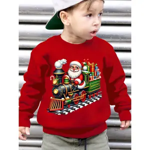 Boys' Christmas Santa Claus & Train Sweatshirt -Cozy  Sweater for Christmas Party Outfit, Easy-care Holiday Gift For Boys  Durable Clothing, Long Sleeve Top