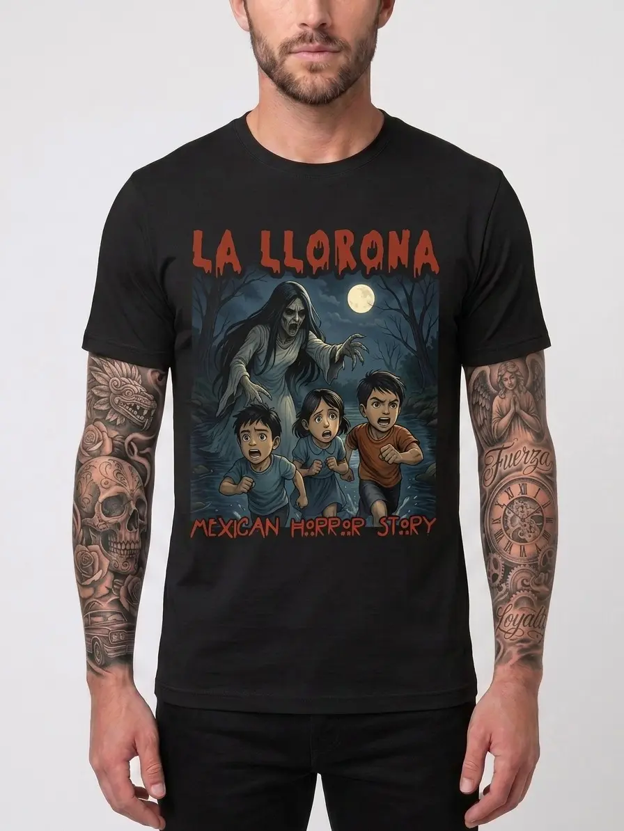 La Llorona Graphic T-Shirt, Unisex Mexican Horror Print, 100% Cotton Retro Basic Menswear Tops, Round Neck Garments for Everyday Wear, Shortsleeve, Casual