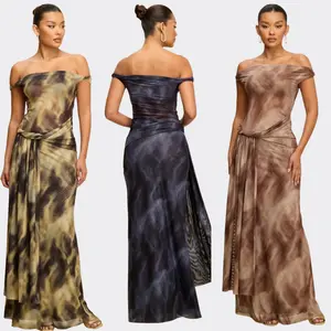 Golden Mirage Off-Shoulder Draped Maxi Dress – Elegant Tie-Dye Evening Dress for Women | La Belle Gina Boutique