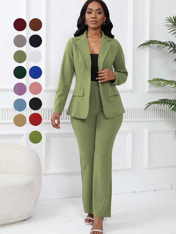 Women's Two-Piece Set Plain Button Lapel Blazer & Suit Pants, Elegant Business Casual Long Sleeve Outerwear & Trousers for Daily Outdoor Wear, Women's Clothing for All Seasons