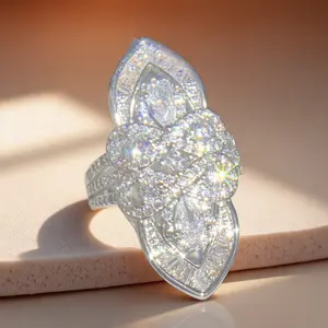 Exquisite Shiny Flower Cubic Zirconia Ring - Women's Bohemian Style Ring - Bridal Engagement Wedding Party Cocktail Statement Jewelry - Daily Casual Luxury Accessory