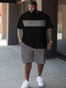 Men's Large Size Casual Athleisure Street Fit Sportswear Set, Plaid T-Shirt Top and Shorts 2-Piece Set, Perfect for Travel, Loose-Fit, All Seasons