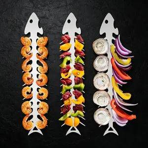 2/4 Pcs Stainless Steel Fish Bone Shaped BBQ Skewers, Reusable Metal Grill Sticks for Beef, Chicken, Vegetables and Shrimp, Outdoor Barbecue Grill Accessories