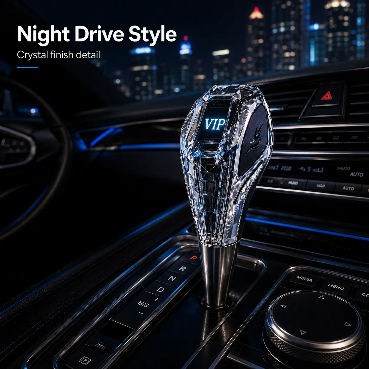 Crystal Gear Shift Knob for Automatic Cars, Diamond Cut Clear Acrylic Shifter Handle, Universal 8mm 10mm 12mm Adapter, Interior Car Accessories, VIP Logo LED Style