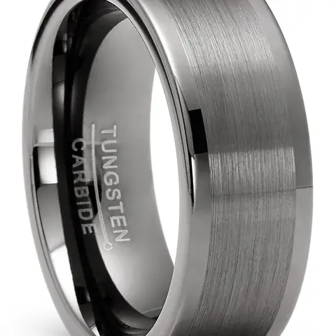 Tungsten Carbide Ring Men’s Wedding Band 8MM Gunmetal Brushed Center High-Polish Edges Comfort-Fit Contour Inner - Durable Scratch-Resistant Hypoallergenic with Gift Box