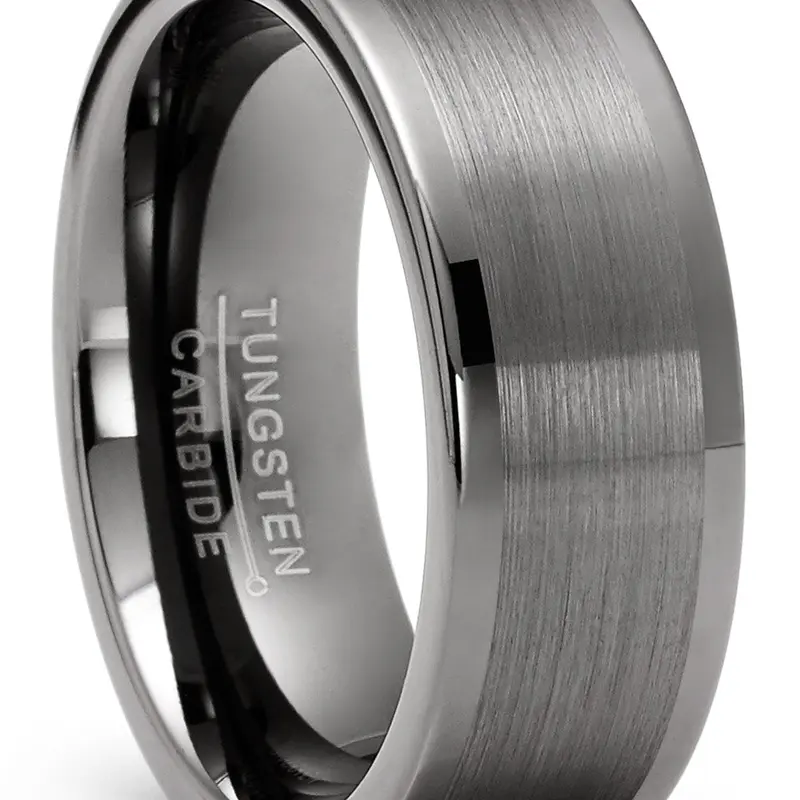 Tungsten Carbide Ring Men’s Wedding Band 8MM Gunmetal Brushed Center High-Polish Edges Comfort-Fit Contour Inner - Durable Scratch-Resistant Hypoallergenic with Gift Box