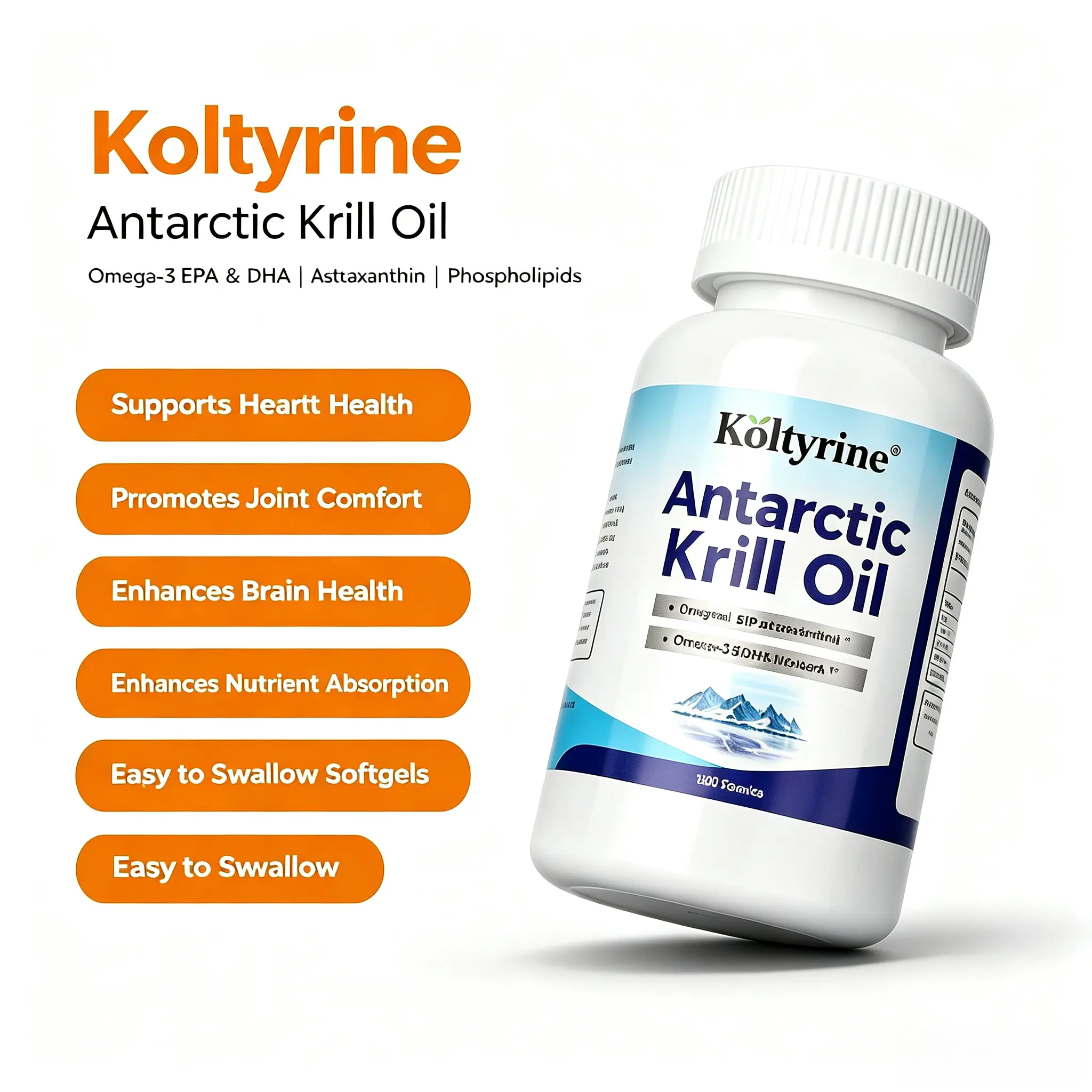 Koltyrine Antarctic Krill Oil – 1000mg with Omega-3 EPA & DHA, Phospholipids & Natural Astaxanthin | 120 Capsules, Pure Source, Enhanced Absorption Daily Supplement Brain Booster
