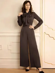 Women's brown stand-up collar bow tie high-end sense chic elegant waist-cinching fitted long-sleeved back zipper one-piece casual comfy jumpsuit loose wide-leg pants, suitable for spring and autumn, suitable for daily commuting, Casual Jumpsuits