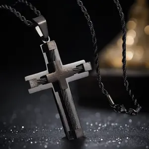 [Simple Cross] Black  cross necklace versatile titanium steel personality pendant accessories gift versatile fashion personality creative design Men's Stainless