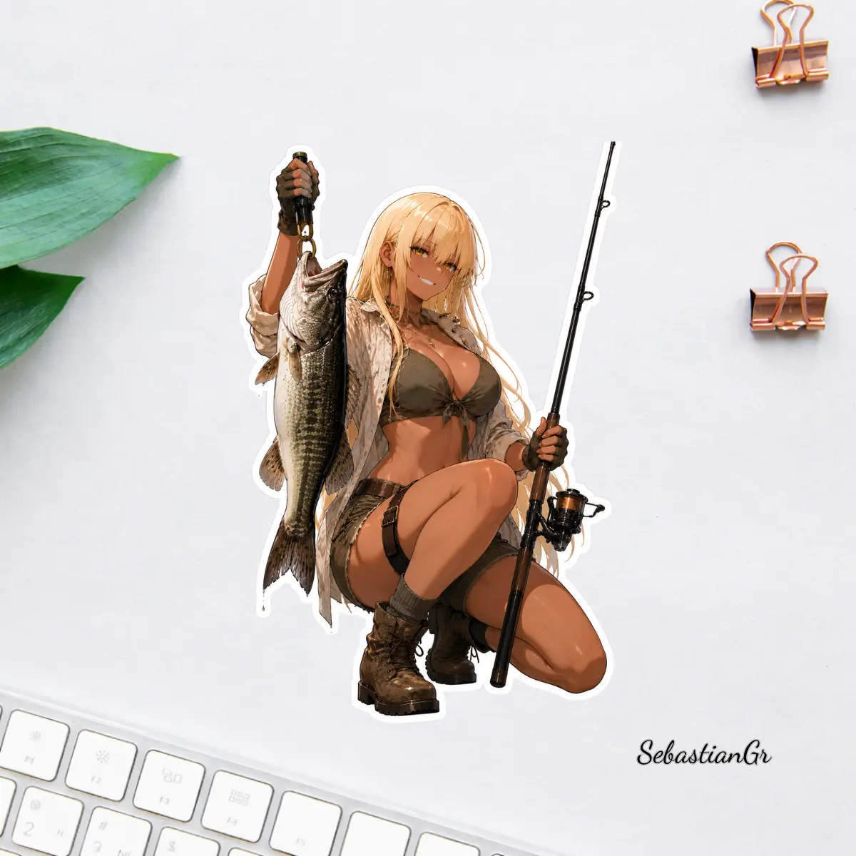 Anime Fishing Girl Sticker, Bass Fishing Vinyl Decal, Waterproof Laptop Water Bottle Sticker