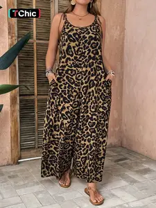Women's Leopard Print Wide Leg Jumpsuit, Scoop Neck, Sleeveless, Adjustable Tie Shoulder Straps, Side Seam Pockets, Loose Full Length Cut, Lightweight Draped Woven Fabric, Daily Casual Vacation Beach Commute Weekend Outing Wear