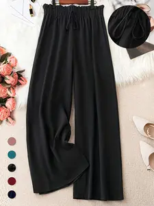 Plus Size Solid Knot Front Elastic Waist Wide Leg Pants, Casual Style Loose Trousers for Daily Wear, Women's Bottoms for Spring & Summer, Womenswear