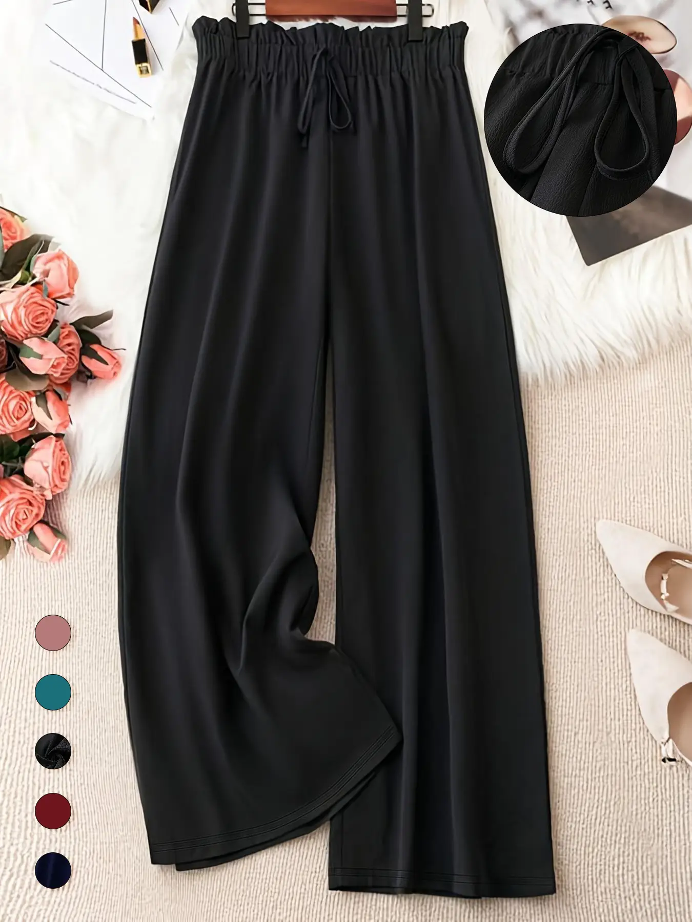 Plus Size Solid Knot Front Elastic Waist Wide Leg Pants, Casual Loose Trousers for Daily Wear, Women's Bottoms for Spring & Summer, Summer Outfits 202