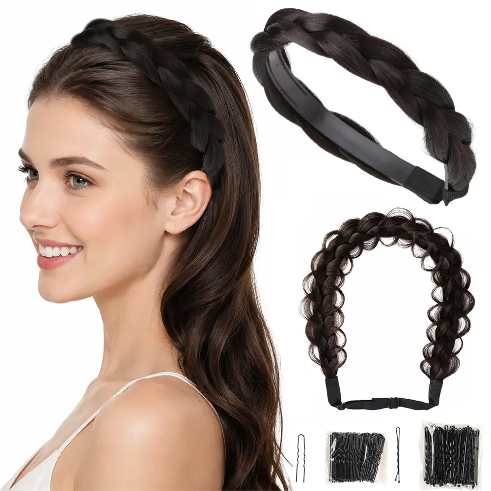2Pcs Hair Braided Headband Classic Chunky Wide Thick Plaited Braids Elastic Stretch Syntheti Buckling Hairpiece Braid Headband