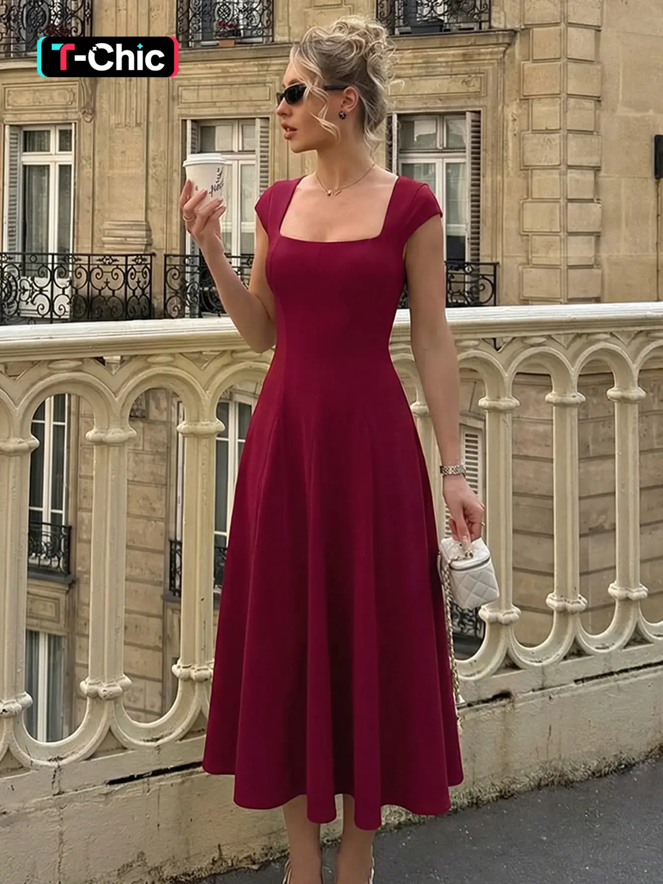 Women's Solid Color Square Neck Tie-back Bodycon Pleated Dress, Butterfly Short Sleeves Ruched Backless Lace- Women's Solid Color Square Neck Tie-back Bodycon Pleated Dress, Butterfly Short Sleeves Ruched Backless Lace-