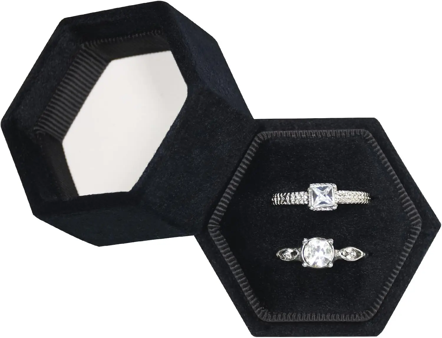 Black Velvet Hexagonal Jewelry Box - 2-Slot Durable Black Box, Double-Slots Compact Organizer for Rings, Easy to Hide for Surprise Proposals, Elegant Vintage Home Organizer for Couples Wedding Gifts