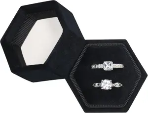 Velvet Hexagon Ring Box – 2 Slot Jewelry Display Case for Wedding, Proposal & Engagement, Elegant Vintage Ring Holder Gift Box, Black