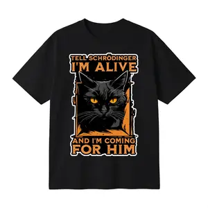 Cotton Oversized T-shirt Unisex Funny Meme T-Shirt Graphic Print Quantum Cat Tee Black Cat Humor Casual Streetwear Gift Top