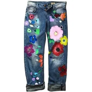 NewWomen Vintage Floral Print High Waist Distressed Straight Leg Jean Loose Baggy Boyfriend Ripped Flower Denim Pant