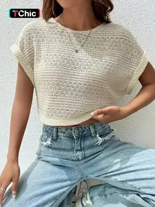 Women's Plain Hollow Out Batwing Sleeve Knit Top, Boho Casual Round Neck Knitwear for Summer, Sweaters for Women, Fashion Casual Women's Knit Crochet  Clothing for Daily Wear