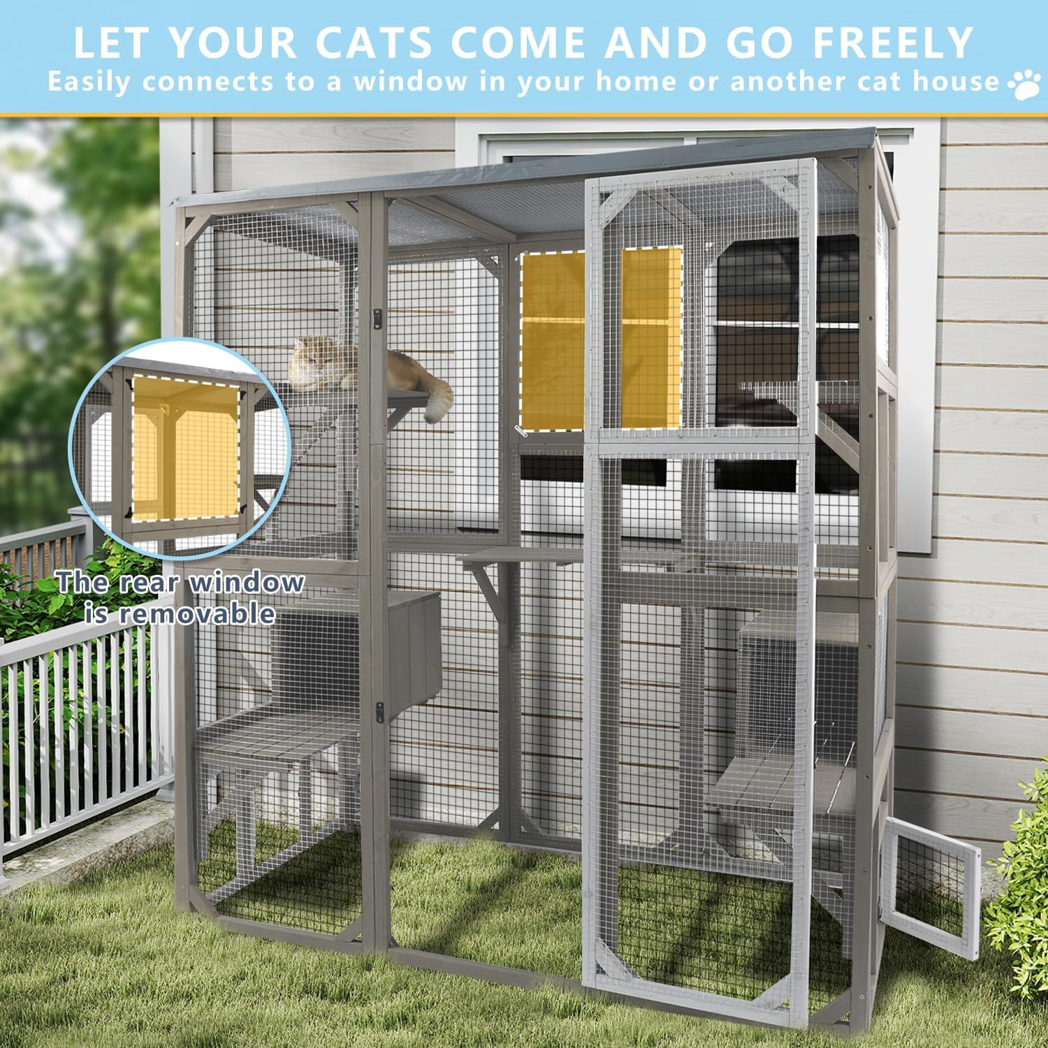 Cat Enclosure Large Window Cat House Walk in Kitty Cage with Multi-Level Platforms, Waterproof Roof for Mulitiple