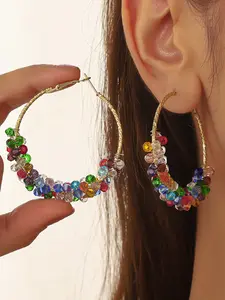 Colorful Transparent Crystals Wire-Wrapped Fashion Hoop Earrings, Women`s Stylish Circle Clip Earring, Handcrafted Beaded Crystal Earrings, Fashion Jewelry for Girls
