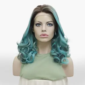 Imstyle Liz Green and Blue with Dark Brown Rooting 13*4 Lace Parting Spiral Curls Medium Length Glueless Lace Front Wig for Daily Wear