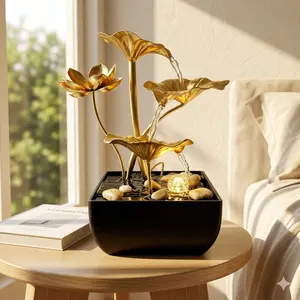 1 piece metal-look home decor with a natural aesthetic; light luxury gold lotus tabletop flowing water device; indoor Zen-inspired faux mountain fountain; stress-relief decorative piece for office, bedroom, and living room; flowing water art ornament