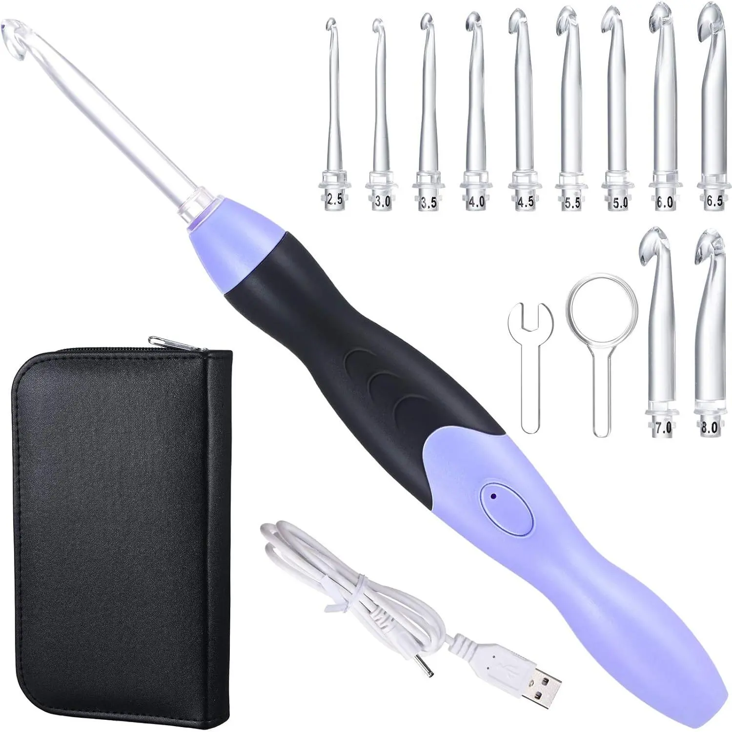 11 Sizes Lighted Crochet Hooks Set Rechargeable Crochet Hook Light Up Hooks with Case, Interchangeable Heads 2.5 mm to 8 mm for DIY Craft Supplies(Purple-Black)
