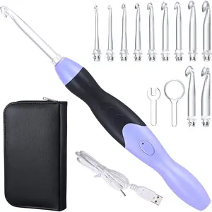 11 Sizes Lighted Crochet Hooks Set Rechargeable Crochet Hook Light Up Hooks with Case, Interchangeable Heads 2.5 mm to 8 mm for DIY Craft Supplies(Purple-Black)