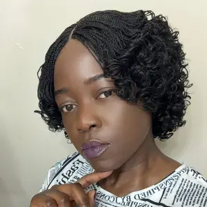 Handmade Micro Twist Short Curly Bob Glueless Braided Lace Closure Wig Black