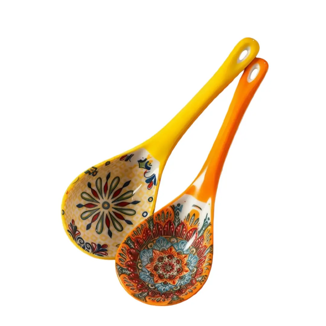Bohemian Ceramic Soup Spoon Set, Culinary Cutlery, Dinnerware Utensils, Cooking Spoons, Large Household Serving Spoons, Ramen Soup Spoons, Long Handle Rice Porridge Spoons, Home and Kitchen, Microwave & Oven Safe
