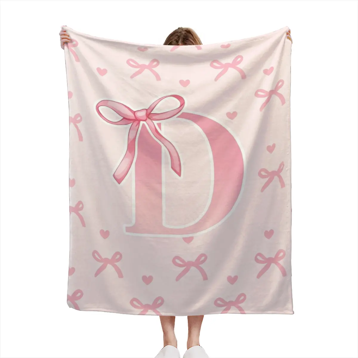 Coquette Pink Bow Initial P Throw Blanket, Monogram Letter P Flannel Blanket, Soft Cute Girly Aesthetic Decor Blanket, Personalized Gift for Women