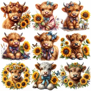 9 Pack Highland Cow Animal Themed Iron-On Decals T-Shirt Heat Transfers Perfect for DIY, Fun, Sunflowers, T-Shirts, Masks, Jeans, Backpacks, Hats, Pillows Easily heat press decals for a personalized style Washable Heat Transfer Stickers