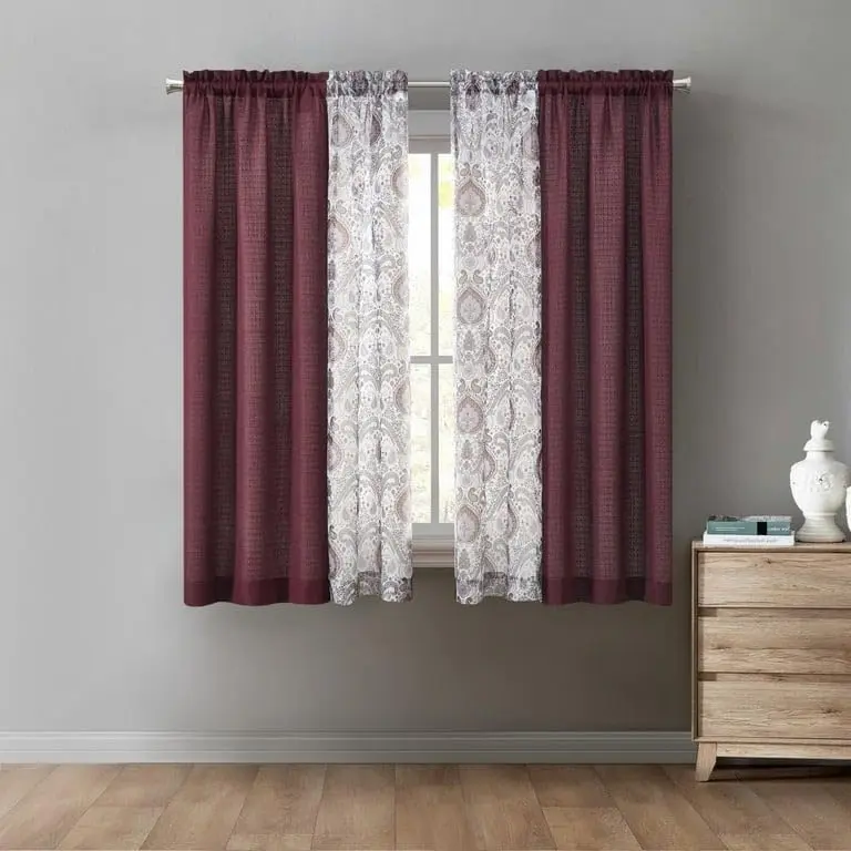 Rod Pocket Curtain Panel Set, Burgundy Solid and Paisley Print, Window Treatment, 4-Piece