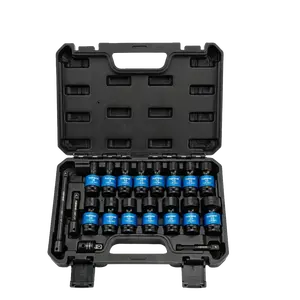 3/8Drive Shallow Universal Impact Socket Set, Swivel Socket with Flexible Wobble, 6 Point, Metric,8-22mm,Cr-V Steel, Includes Extension Bars and Adapter
