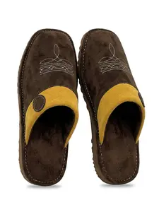 Cowboy Suede Slippers with Boot Stitch – Square Toe House Shoes for Men & Women, Indoor Outdoor