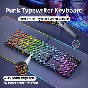 set ergonomic GX330 Typewriter Gaming Keyboard, 104 Keys Wired Retro Punk Round Keycaps, with RGB Backlit, for Windows Laptop PC black