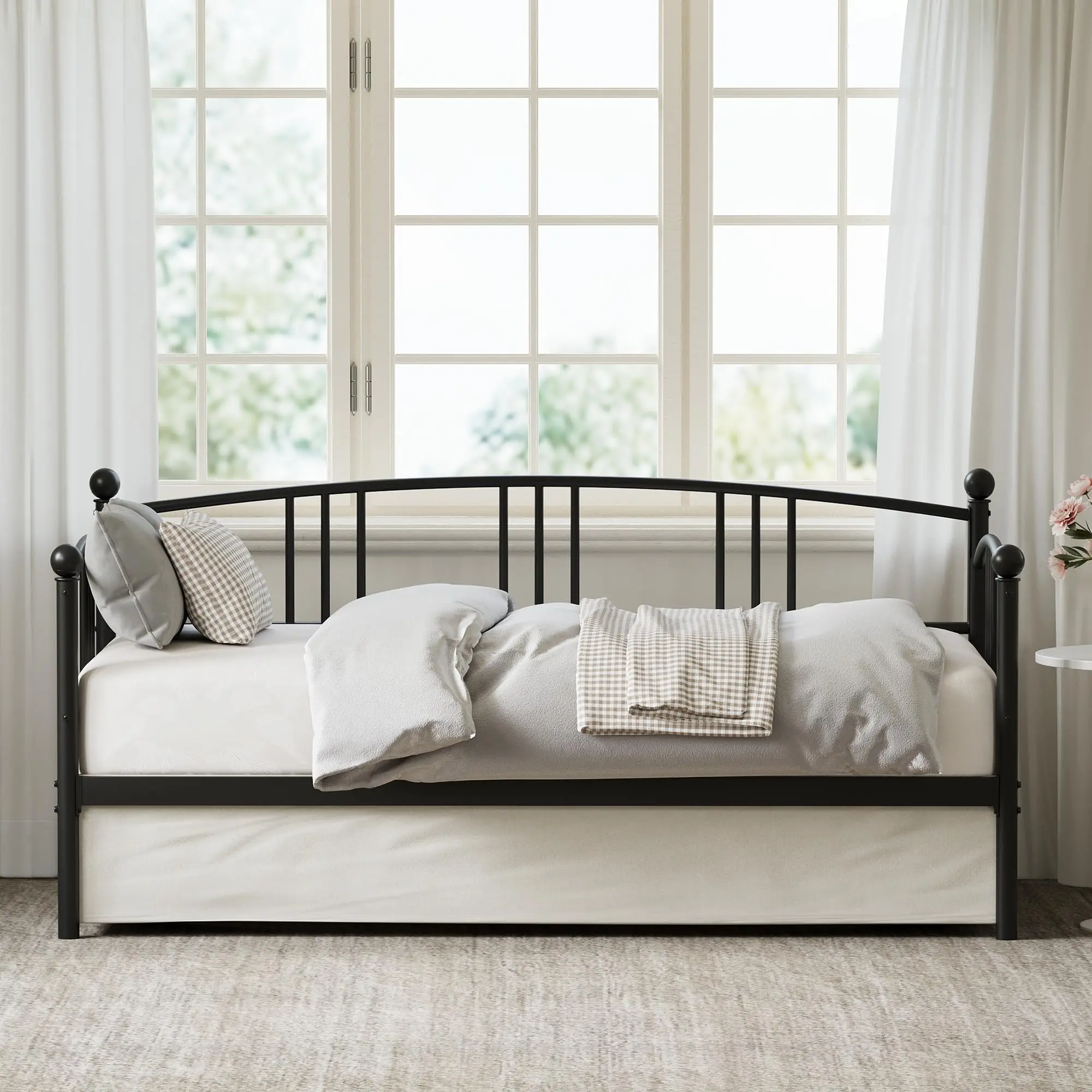 Twin Daybed, Sturdy Metal Day Bed with Steel Slat Support, Arched Headboard Sofa Bed for Living Room, Bedroom and Guest Room, Black