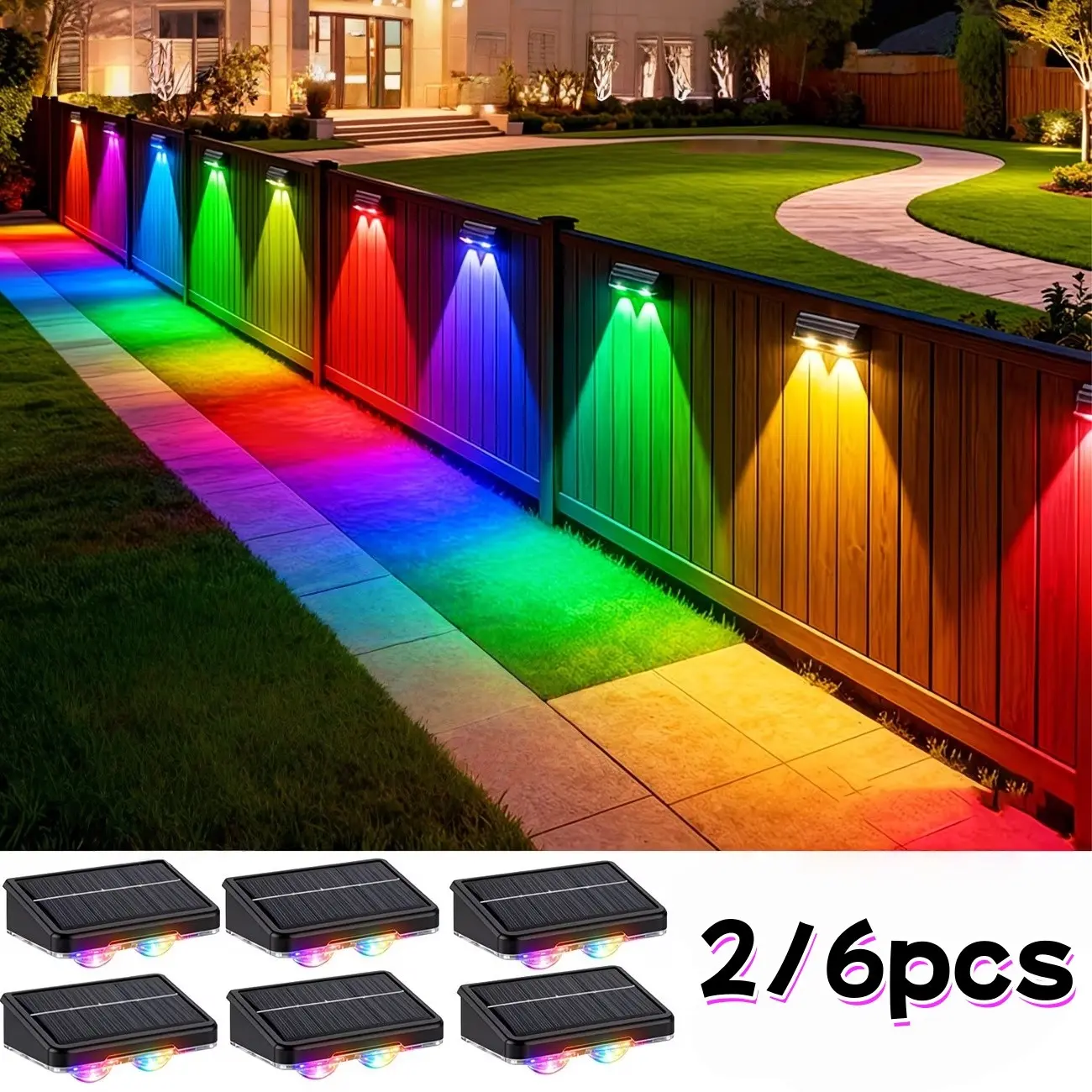 Solar Fence Lights 2/6 Pack, 11 Lighting Modes, Solar Powered Lighting, Commercial Solar Fence Light, Suitable for Business Places, Walls, Stairs, Patios, Solar Illuminated Outdoor Fence Light
