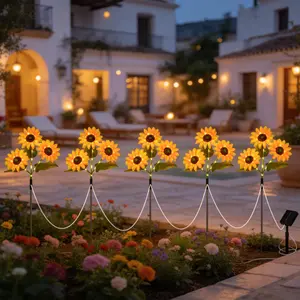 Solar-Powered Sunflower Garden Lights, Outdoor Warm-Light LED Flower Stake Lights, 5-Stick Decorative Path Light Strip with Solar Panel, IP65 Waterproof, 8 Flashing Modes, Solar Path Lights for Yard, Patio, Lawn, and Garden Decor