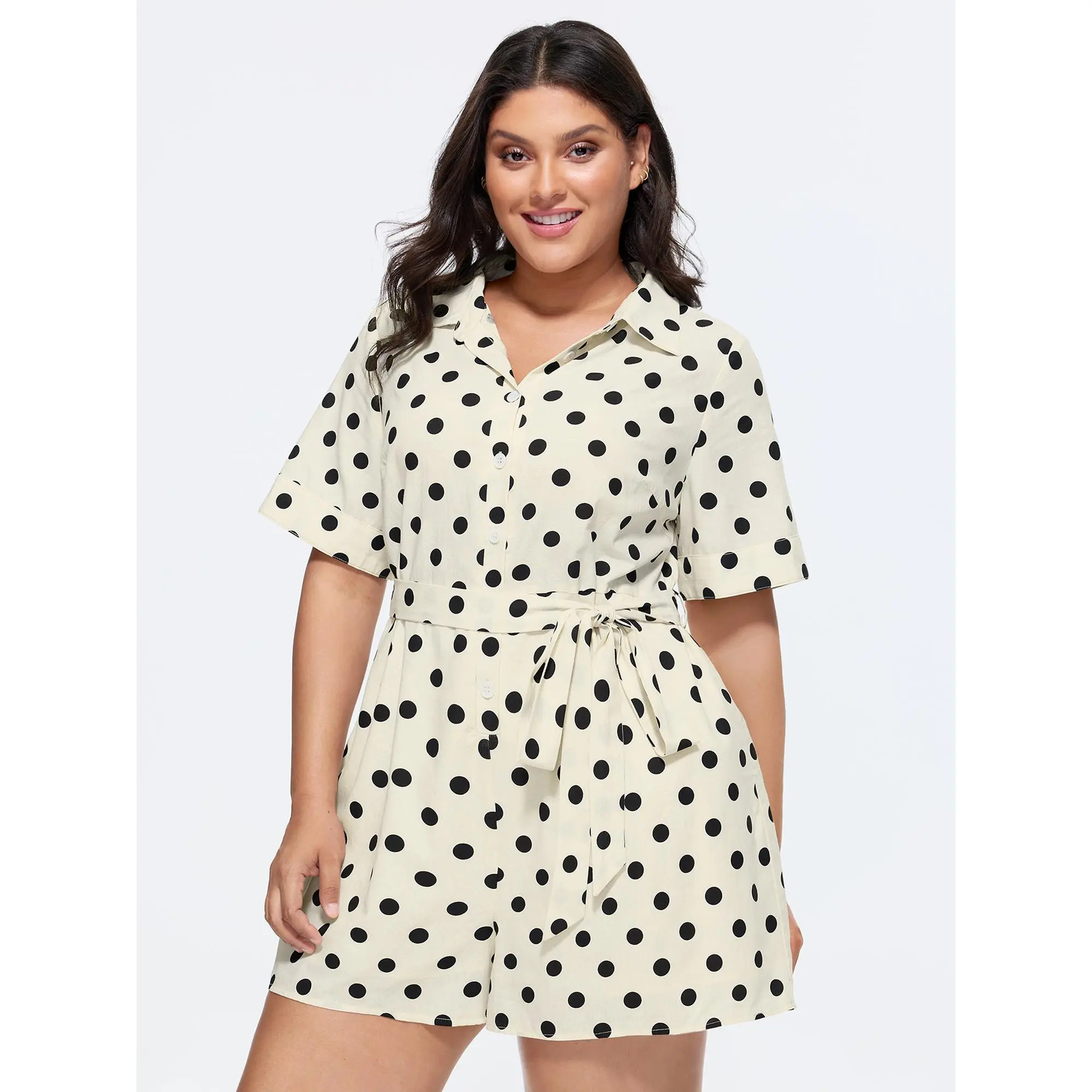 BloomChic Plus Size Women's Collared Cotton-Linen-Rayon Fabric Romper Overalls Shorts - Side Tie, Pockets, Short Length, Flattering Fit, Casual Summer Garment, Hand Wash Only, Polka Dot Design