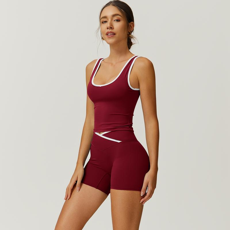 TimeOFF Color-Blocked Halter Crop Tube Top & Mid-Rise Shorts Set, Deep V-Back Cutout & Contrast Binding, Solves Stylish Support & Flattering Fit Need for Yoga, Fitness Classes & Active Lifestyle Scenarios,comfort sweat set,loungesetwomen,sweatsuits women