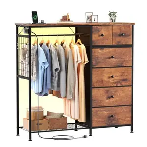Fabric Storage Locker with Hanging Rack, Charging Station with LED Lights, Multiple Shelves and Wooden Roof Panel, Multi-Functional Organizer with Metal Frame, Perfect for Bedroom Dorm Room and Small Space Clothing Storage
