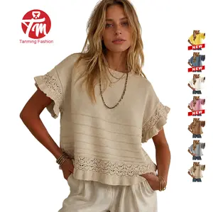 Tanming Women's Crochet Knit Top Short Flutter Sleeve Ruffle Hem Hollow Out Pointelle Crewneck Sweater Casual Loose Boho Eyelet Pullover Blouse for Casual & Office Wear
