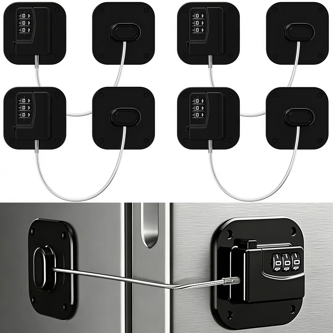 LMMAKE 4PCS Keyless Code Refrigerator Locks, No-Drill Childproof Safety Latches with Anti-Pinch Stops for Fridge, Closet Door Hardware