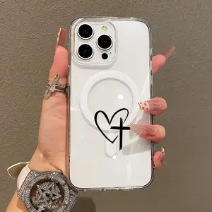 Soft Girl Magnetic Case for iPhone11/12/13/14/15/16/17/promax, Heart and Cross Emblem Lightweight, Drop-Proof, MagSafe Compatible | Perfect for Teen Girls