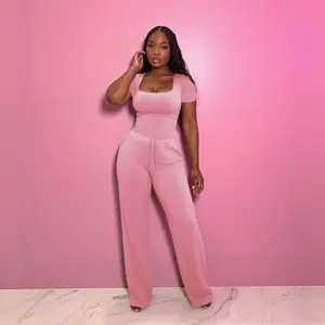 USBoutique Chic Womens 2 Piece Outfits Casual Slim Fit U Neck Button Down Short Sleeve Crop Top Drawstring Wide Leg Pant Sweatersuit