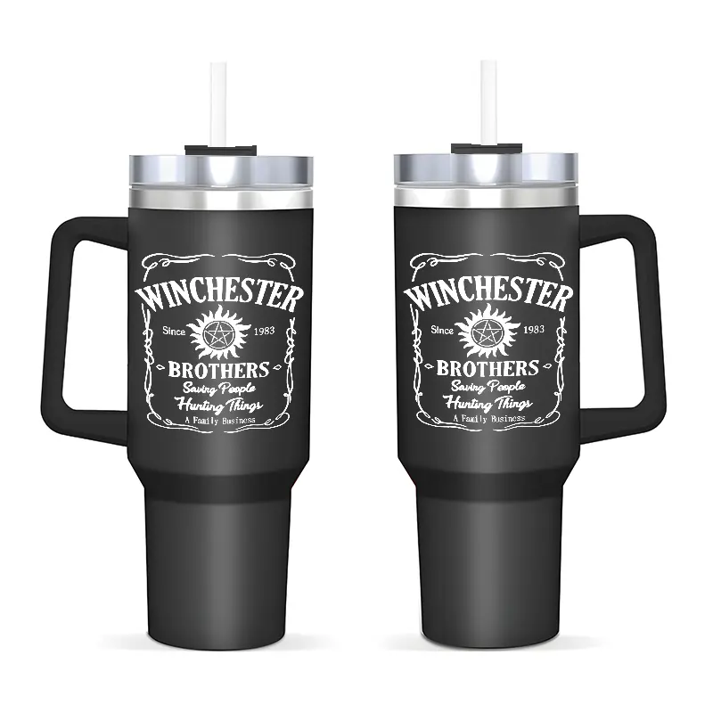 "Supernatural"Art Text Design 40oz Insulated Cup, Vacuum Insulated Tumbler, Thermal Tumbler, Large Insulated Cup with Straw,Lid,and Handle, Stainless Steel Water Bottle, Reusable Drinking Cup, Portable Drinking Cup for Office & Travel, Perfect Gift
